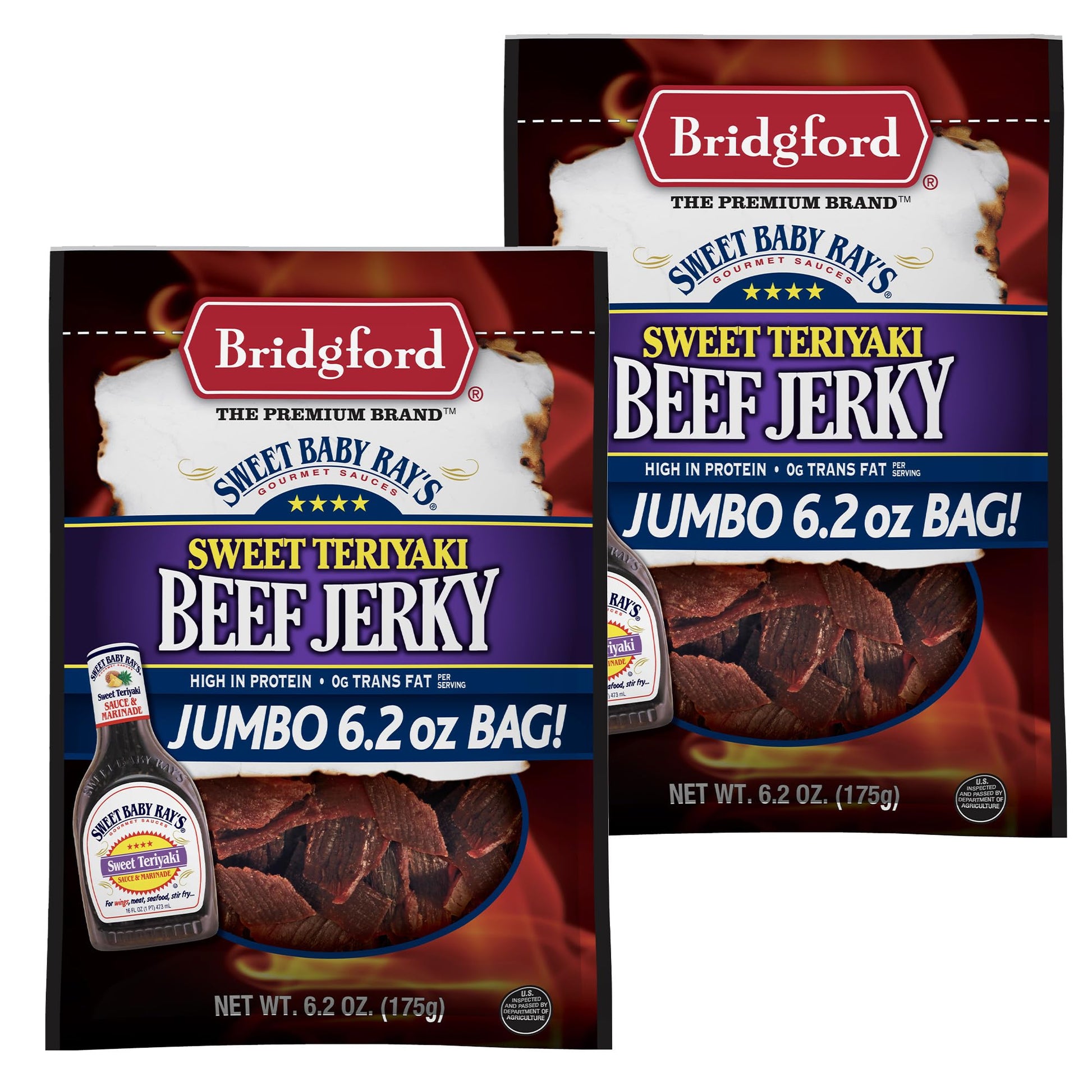Bridgford Sweet Baby Rays Beef Jerky Sweet Teriyaki 6.2 oz Pack of 2 - High Protein Snacks for Low Carb and High Protein Diets -
