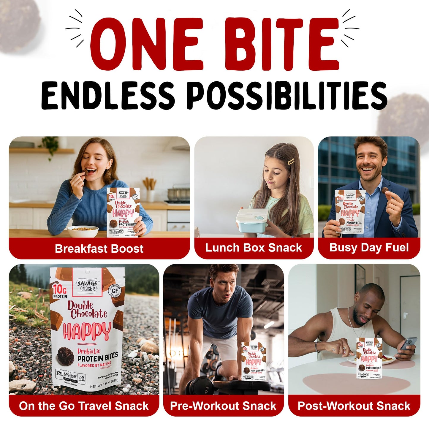Savage Snacks Happy Double Chocolate Whole Food Prebiotic 10G Protein Balls & Bites - Convenient On-The-Go Tasty Protein Snacks - High-Protein, Gluten-Free, Grain-Free & Flavored By Nature