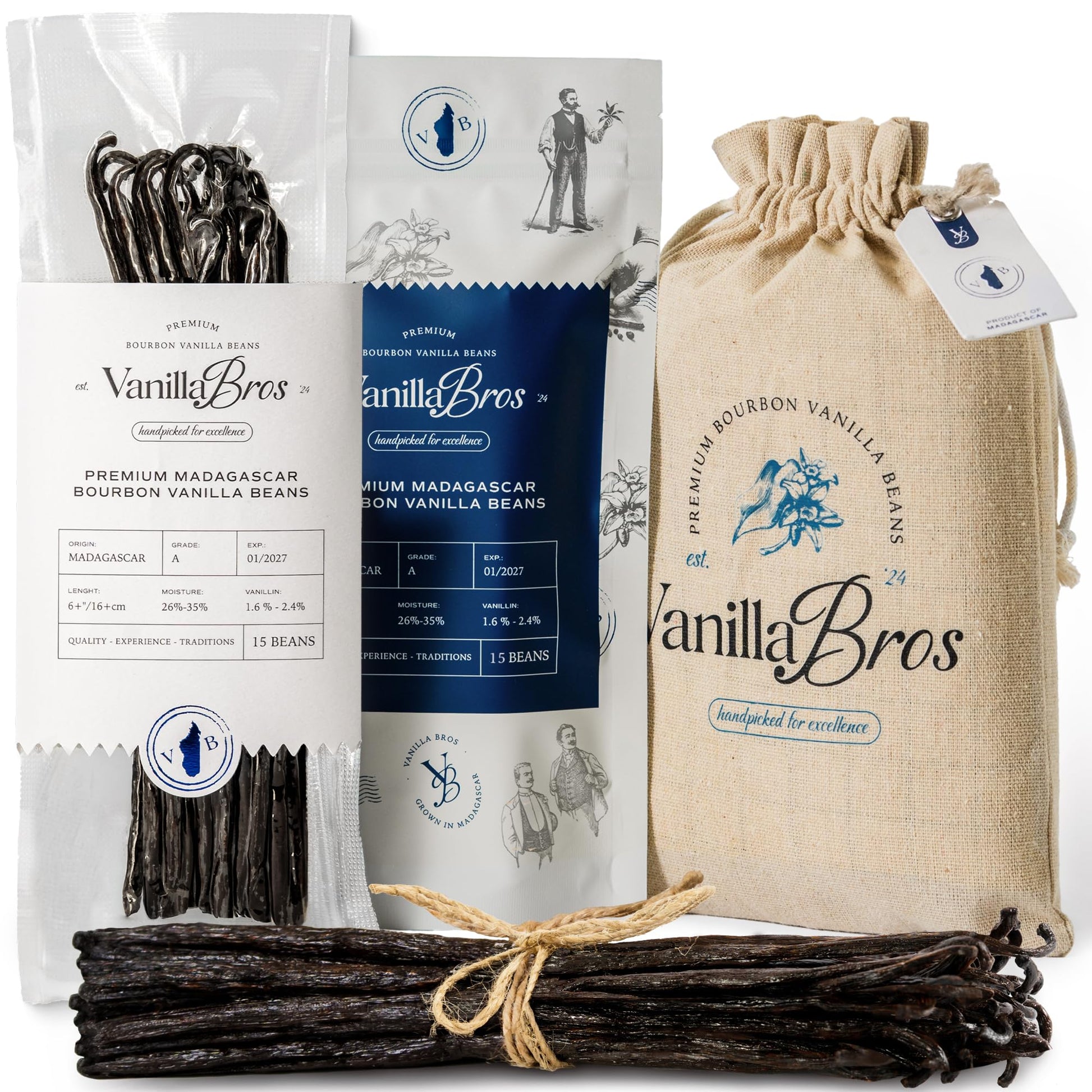 Vanillabros Madagascar Flavor Blend Vanilla Beans (15 Whole Pods  High Standard  6.3-8.3 In) | High Vanillin 1.6-2.4% | Oily & Aromatic | For Baking  Desserts & Homemade Vanilla Extract | Gift-Ready Pack