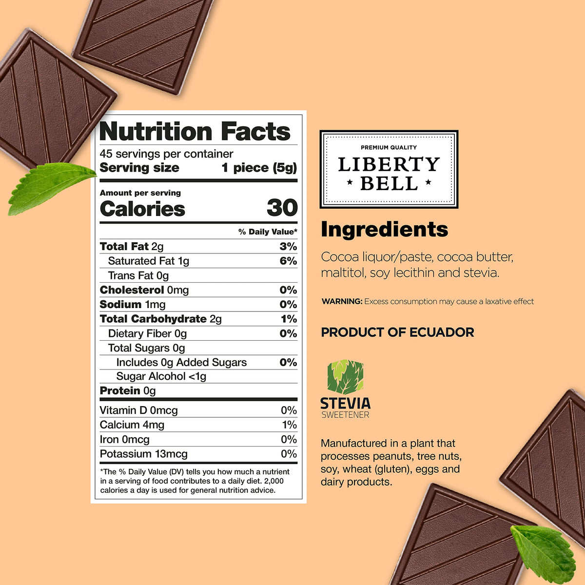 Zero Sugar Dark Chocolate Squares 66% Cocoa, Vegan, Gluten-Free, Stevia Sweetened Candy Bars, 45 Count