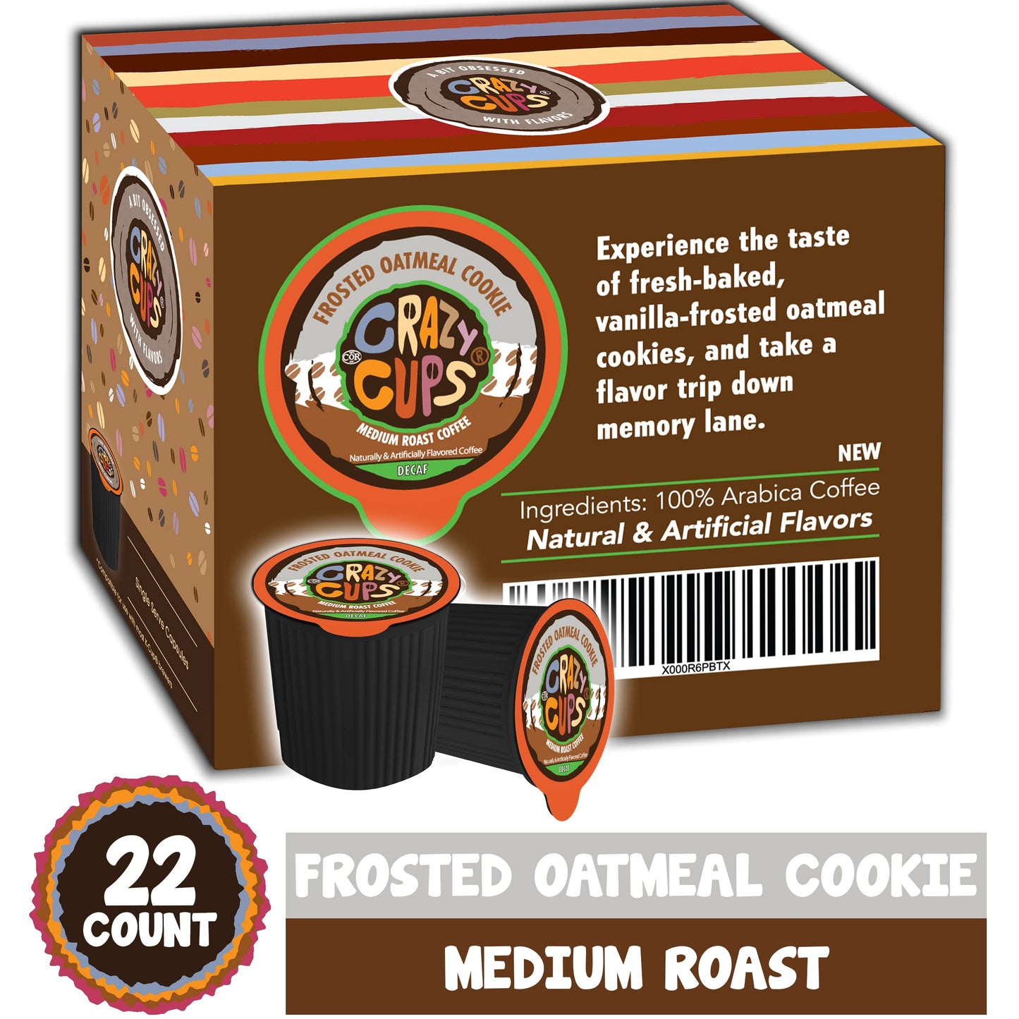 Crazy Cups Flavored Single-Serve Coffee, Decaf Frosted Oatmeal Cookie, 22 Pods per Box, Compatible with Keurig K-Cups