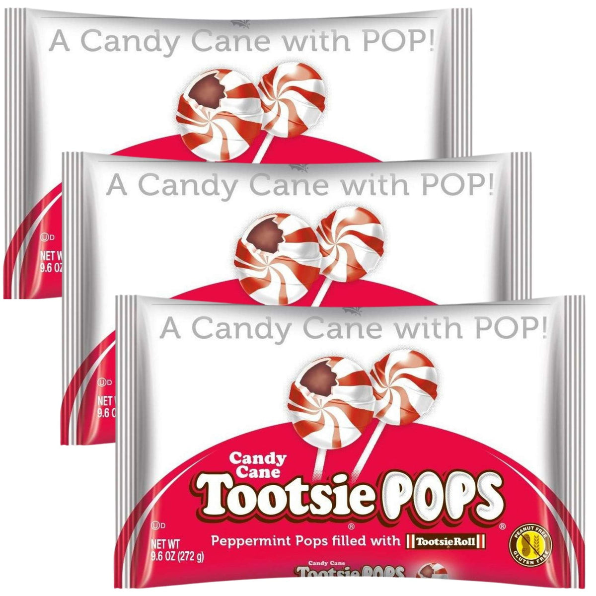 Tootsie Roll Peppermint Candy Cane Tootsie Pops Pack of 3 - 9.6 Ounce - White