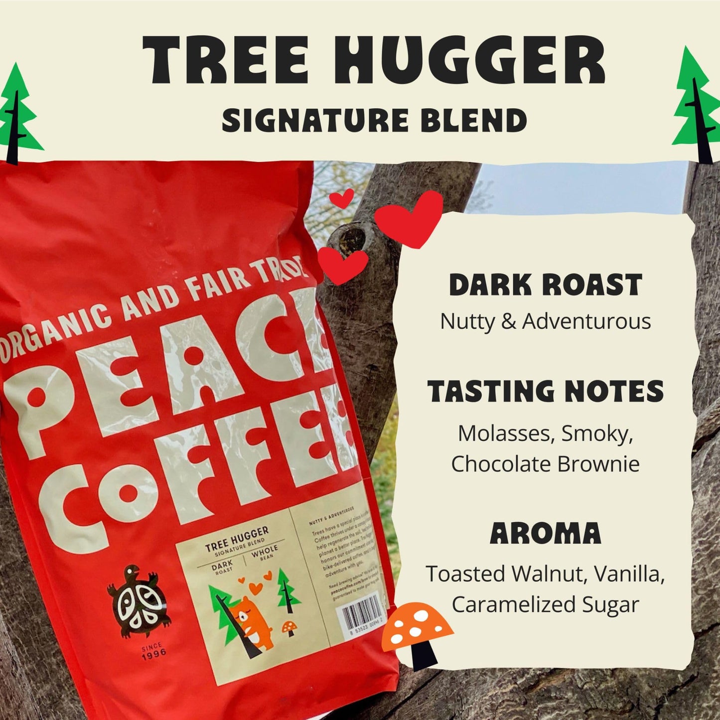 Peace Coffee Tree Hugger Signature Blend | 5 Lb Whole Bean Dark Roast | Organic Fair Trade | Soft, Smooth Flavor | Shade Grown,