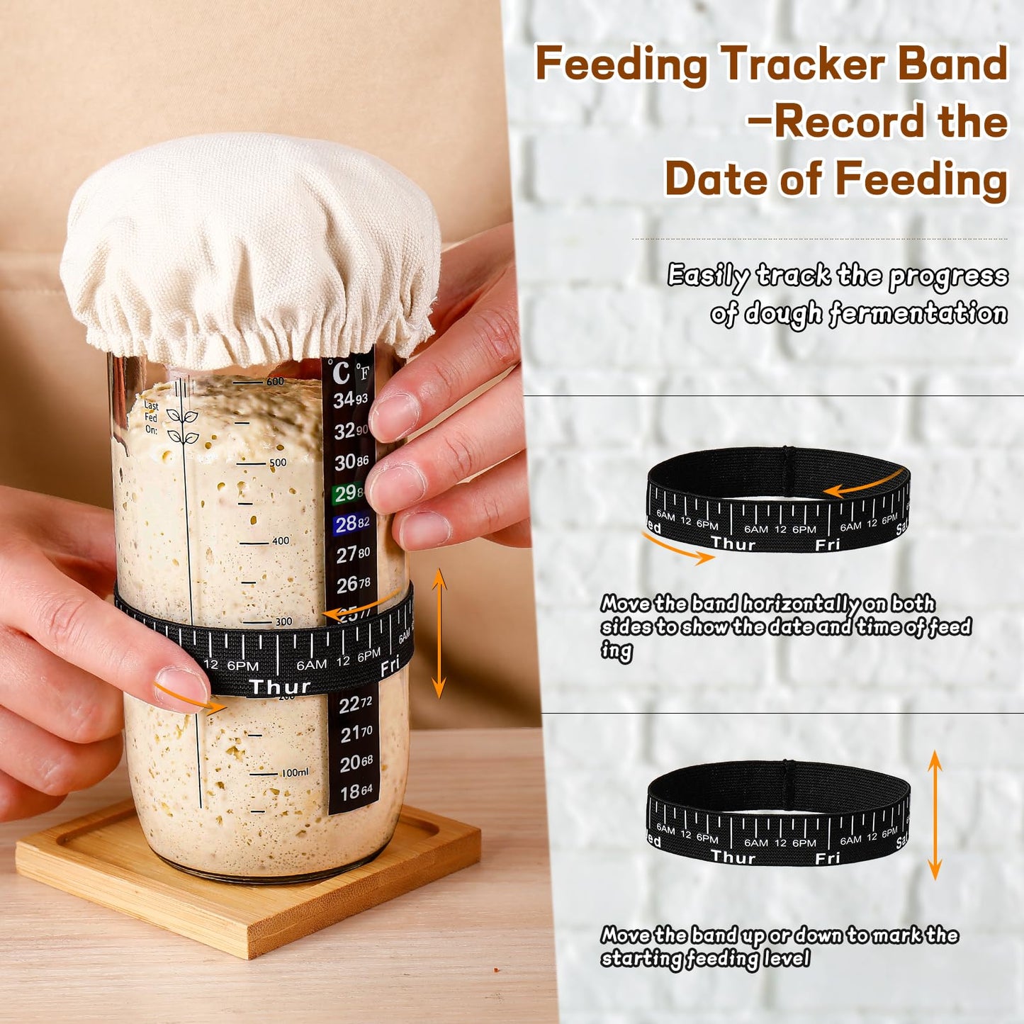 DWTS DANWEITESI Sourdough Starter Kit with Feeding Band, Thermometer, Jar Sc r, Cloth Cover & Aluminum Lid, 24oz-2pcs