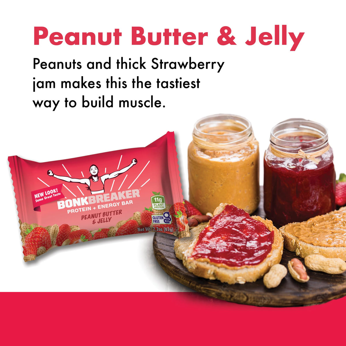 Bonk Breaker Plant Based Protein Bars, Gluten Free, Dairy Free, 13G Protein, Peanut Butter And Jelly Flavor, 62G Bar (12 Pack)