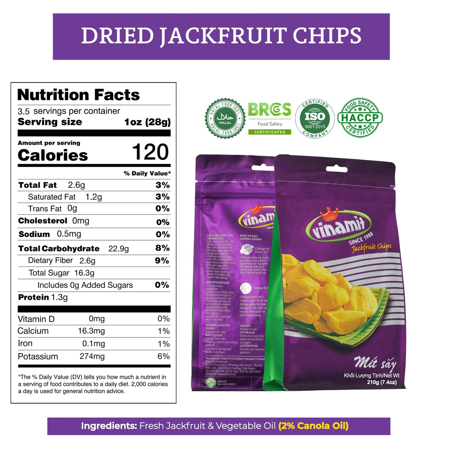 Vinamit Dried Jackfruit Chips | Vacuum Fried Dried Jackfruit | Pack 2 of 7.4 oz Bag | Naturally Sweet & Crispy | Gluten-Free, Ve