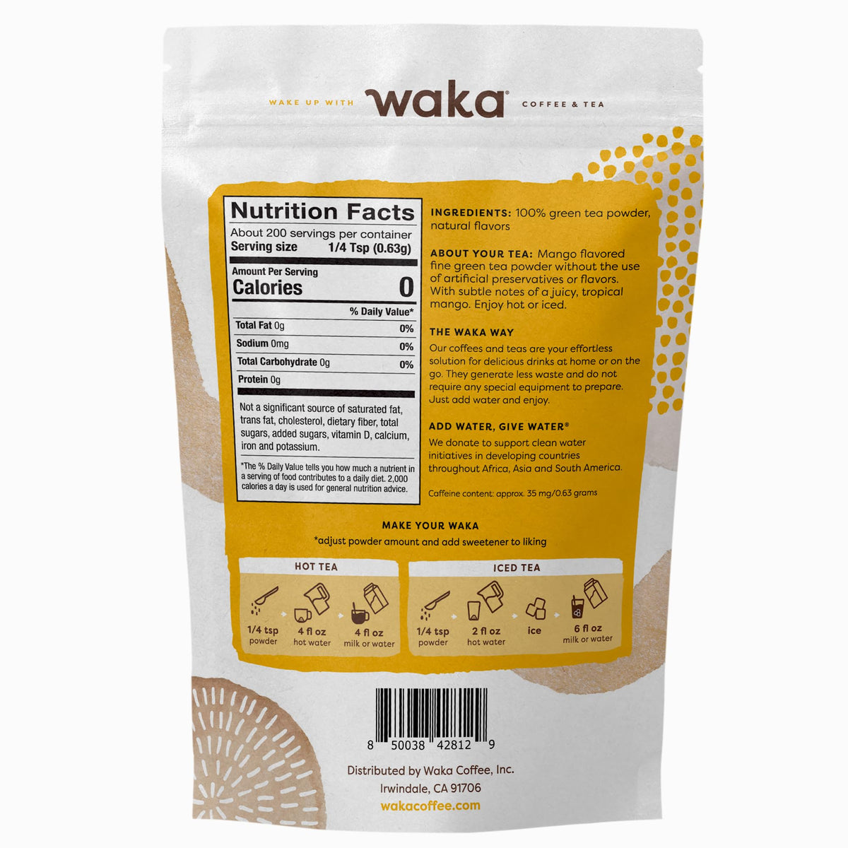 Waka Instant Green Tea Mix, Mango Flavored - 100% Tea Leaves, No Additives, Unsweetened Tea Powder In Bulk Pouch - Easy Quick Ho
