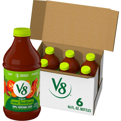 V8 Low Sodium Original 100% Vegetable Juice, 46 fl oz Bottle (Case of 6)