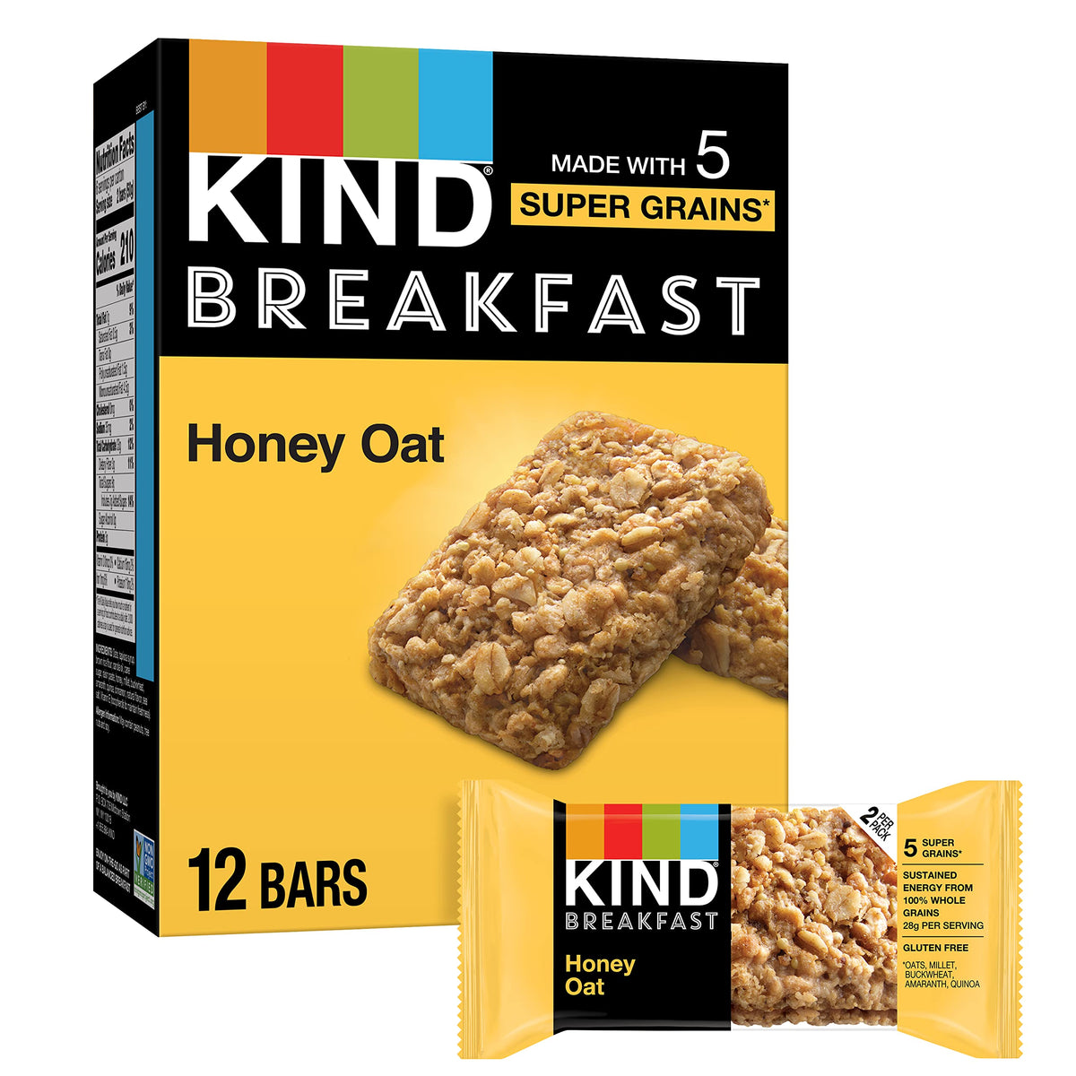 KIND Breakfast Bars, Honey Oat, Gluten Free, 3g Protein, 6 Count (12 Bars)
