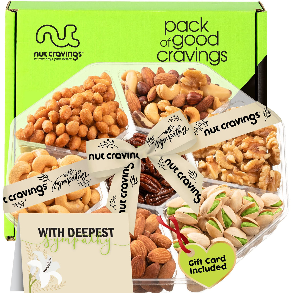 Sympathy Nuts Gift Basket With Sympathy Ribbon + Greeting Card (7 Assortments) Gourmet Food Bouquet Platter, Condolence Care Pac