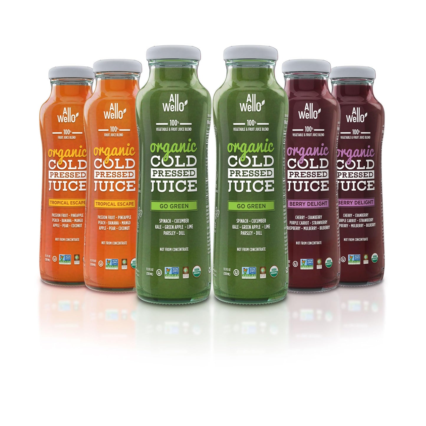ALLWELLO Organic Cold Pressed Juice Drinks, 6 Pack, Gluten Free, Non-GMO, No Preservatives, No Sugar Added, 11.1 Fl Oz