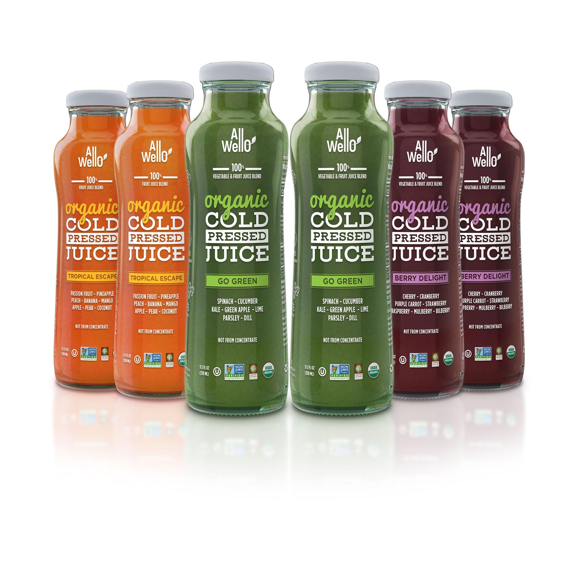ALLWELLO Organic Cold Pressed Juice Drinks, 6 Pack, Gluten Free, Non-GMO, No Preservatives, No Sugar Added, 11.1 Fl Oz