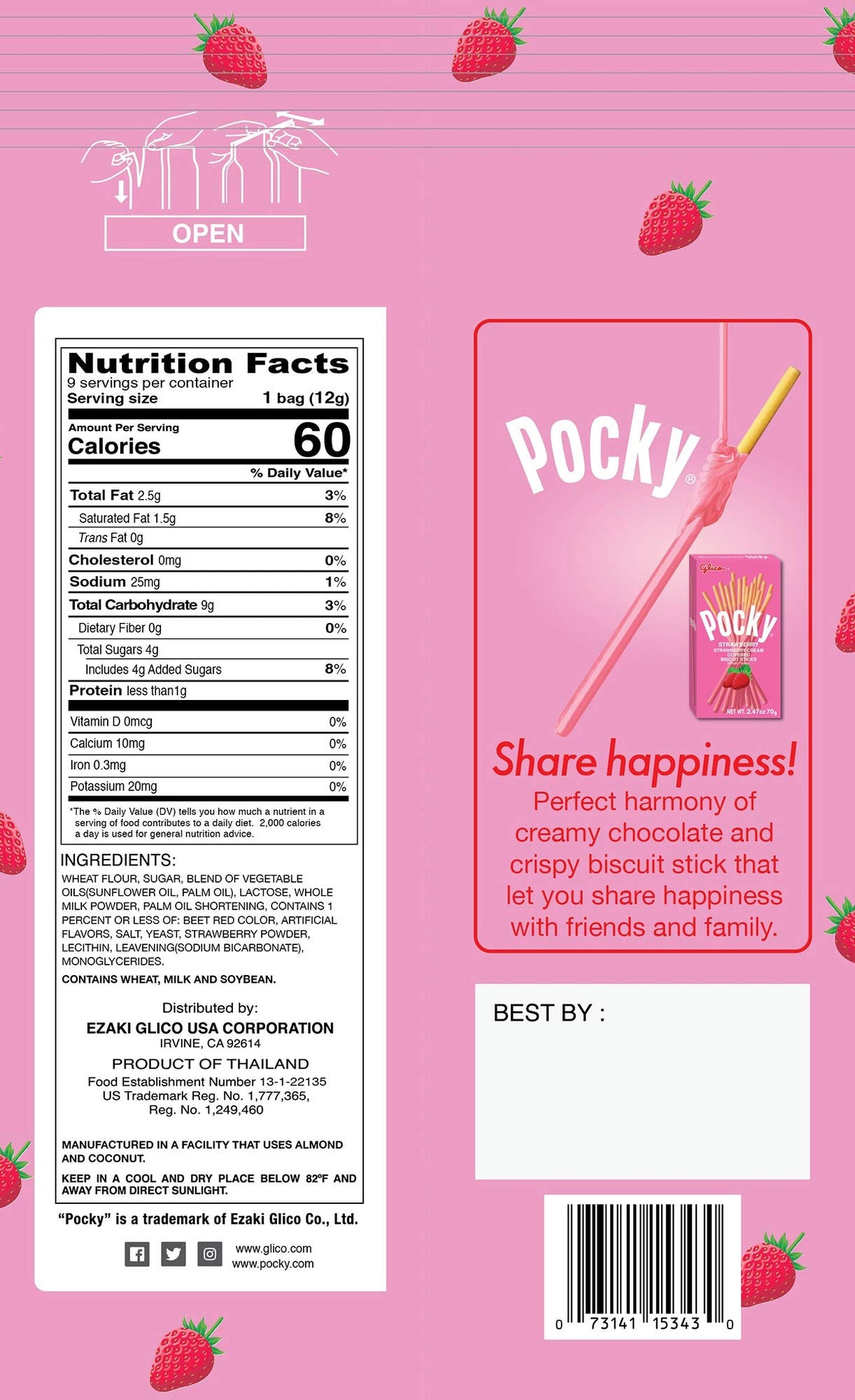 Glico Pocky, Strawberry Cream Covered Biscuit Sticks, 9 Individual Packs, 3.81 Ounce Bag - 5 Count Display Box