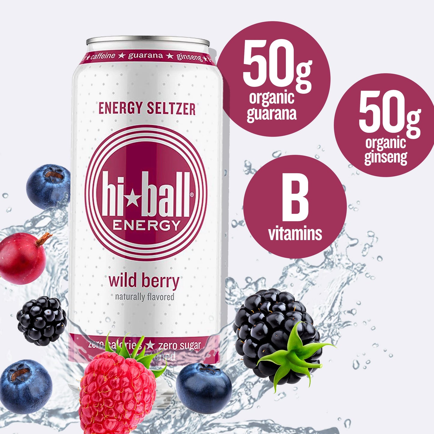 Hiball Clean Energy Drink - Wild Berry - Zero Sugar, 16 Fl Oz (8-Pack) - 160mg Organic Caffeine, 50mg Ginseng, 50mg Guarana