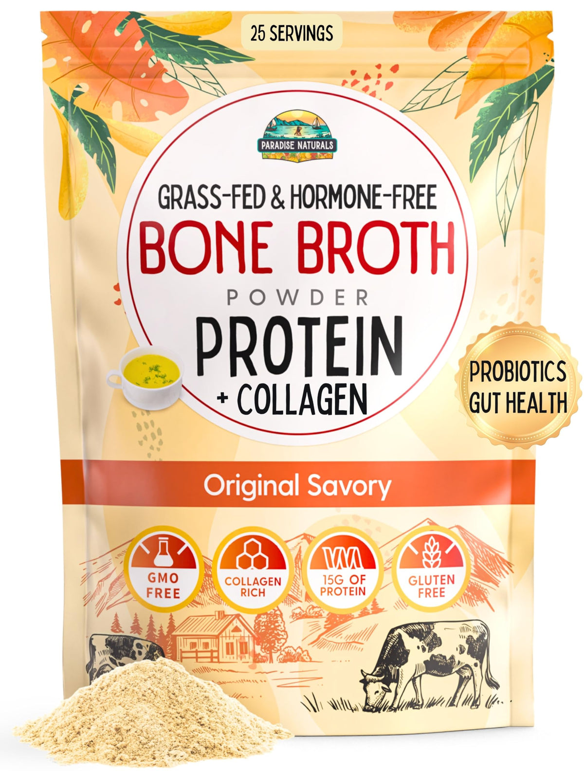 Paradise Naturals Organic Bone Broth Protein Collagen Powder, Original Savory - Probiotics, 15g Protein, Non-GMO, Low Sodium, Gu