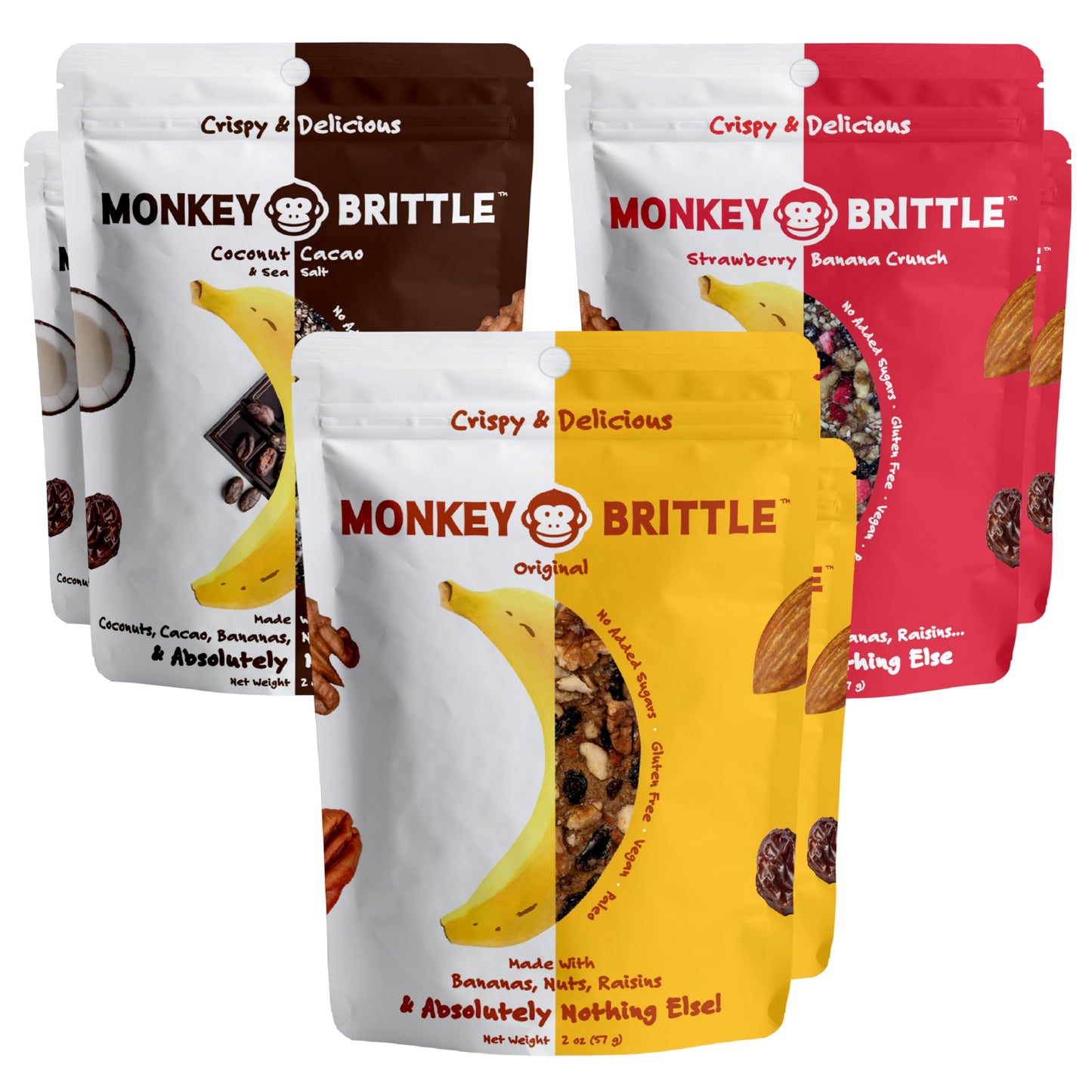 Monkey Brittle Healthy Snacks - Crispy Vegan Treats, Gluten-Free, 2 oz (Pack of 6) - Original, Cacao Coconut, Strawberry Banana Crunch