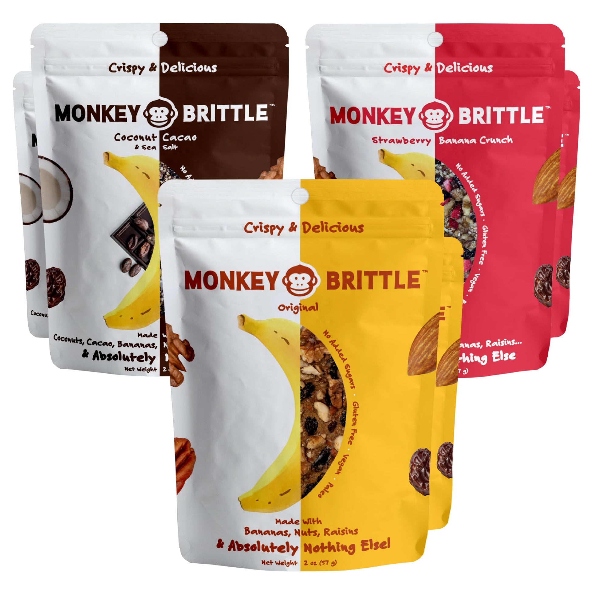 Monkey Brittle Healthy Snacks - Crispy Vegan Treats, Gluten-Free, 2 oz (Pack of 6) - Original, Cacao Coconut, Strawberry Banana Crunch