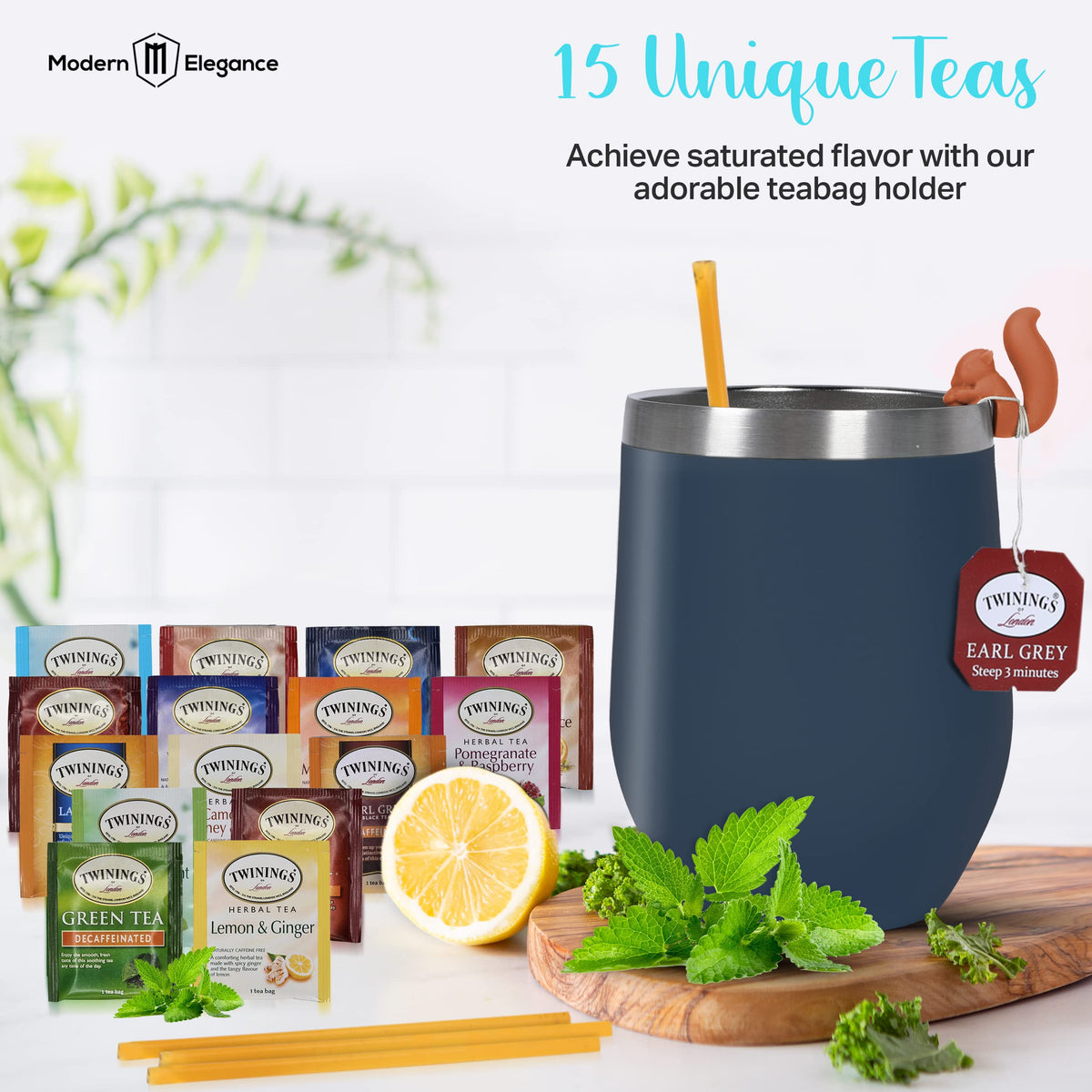 Mothers Day Gifts For Mom Tea Gift Sets For Tea Lovers Women And Men Tumbler 15 Unique Teas 10 Honey Straws (Decaffeinated)