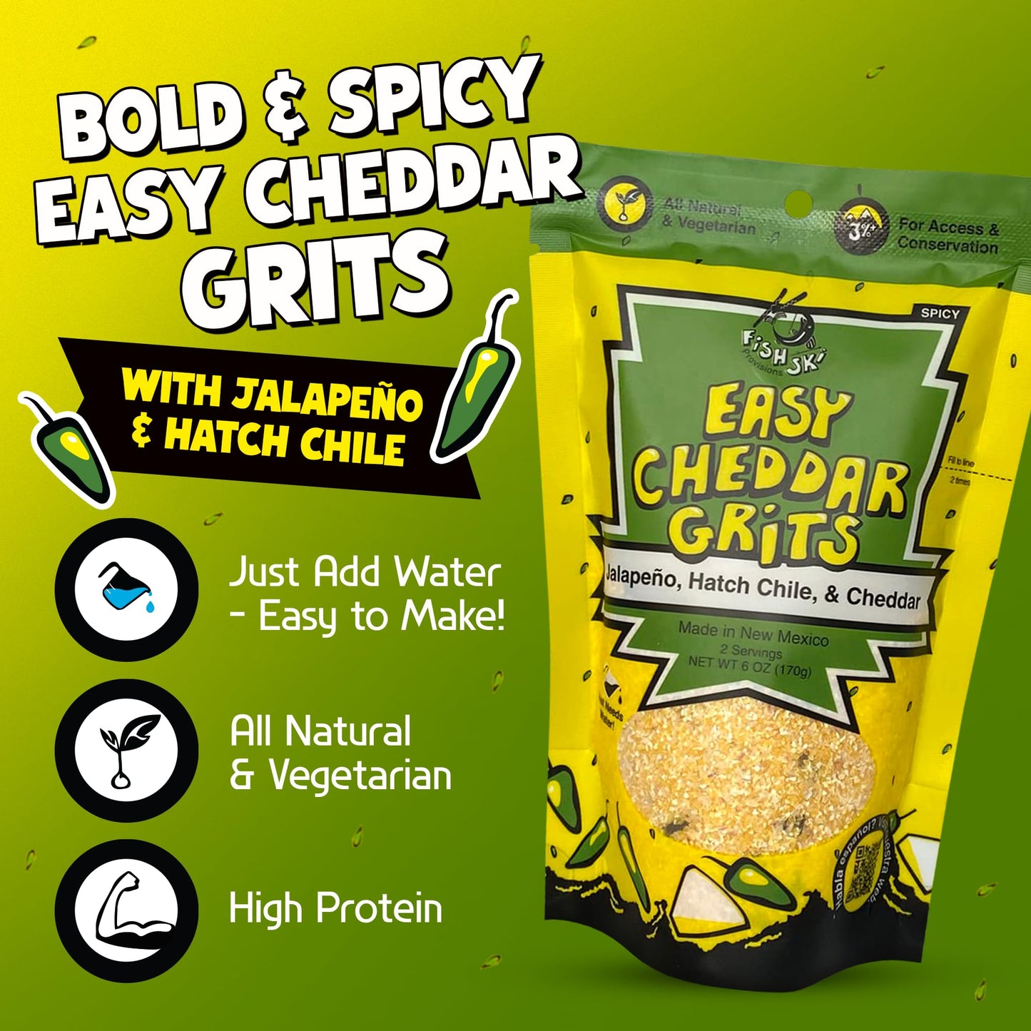 Jalapeno Yellow Corn Grits With Cheddar Cheese + Hatch Green Chile + Garlic, By Fishski Provisions, 6 Oz Bags, 24 Pack