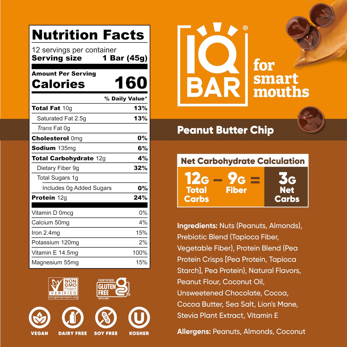 IQBAR Plant Protein Bars - Peanut Butter Chip - Gluten Free, Vegan - 12 Count (Pack of 3) - Low Carb, High Fiber, Low Sugar Snacks
