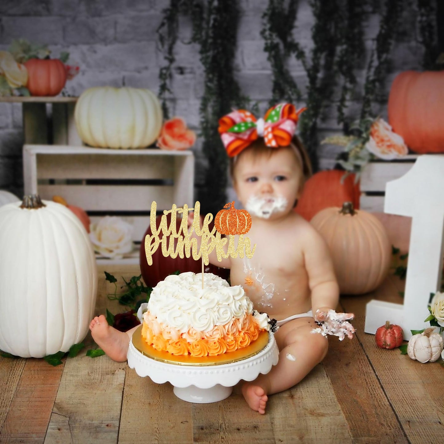 Gyufise Pumpkin Cake Topper, Gold Glitter, Fall Birthday Halloween Decoration, Model UKZN0170, Orange