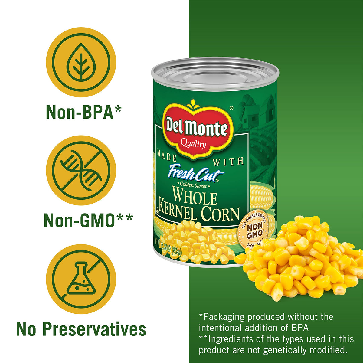 Del Monte Fresh Cut Golden Sweet Whole Kernel Corn, Canned Vegetables, 15.25 Oz Can