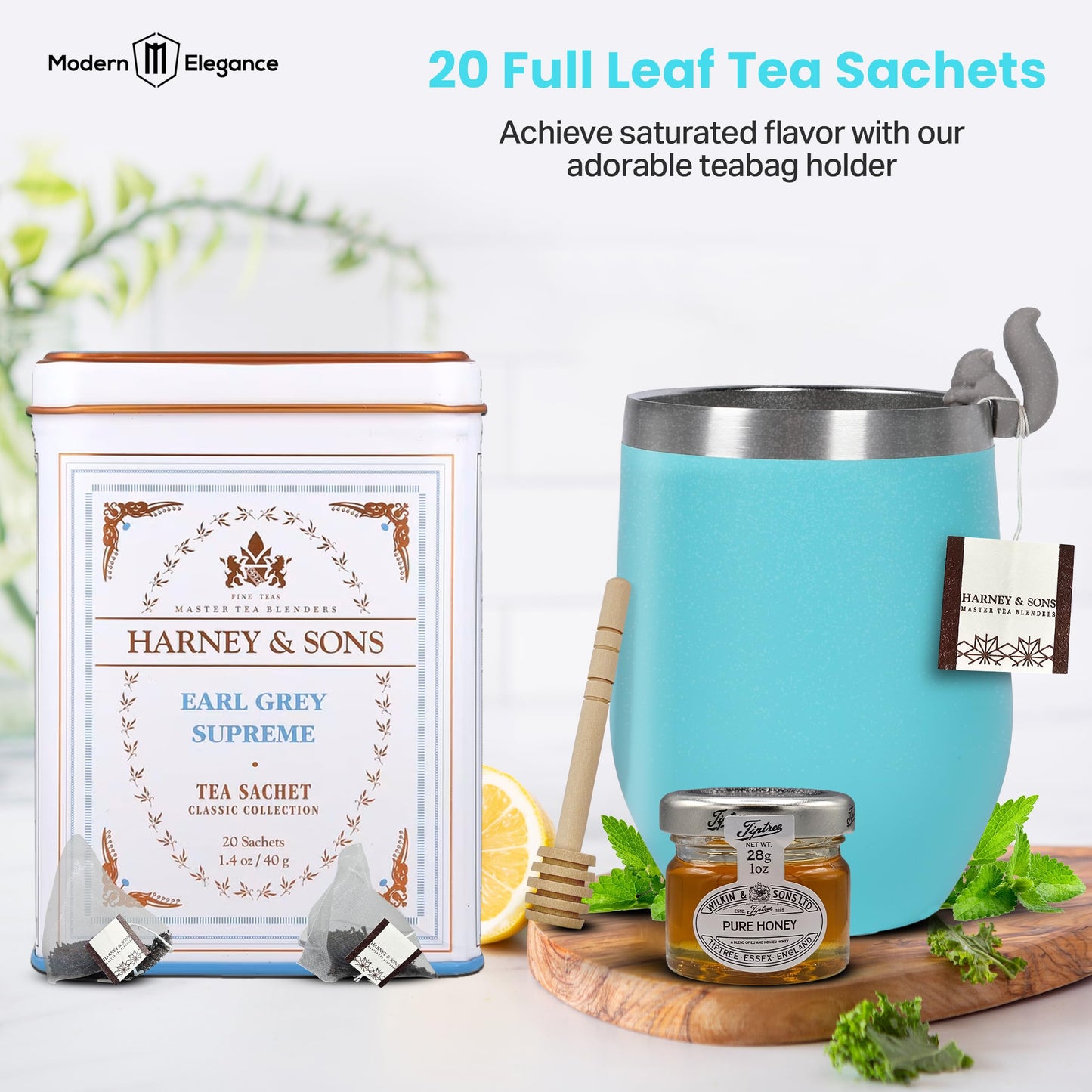 Modern Elegance Tea Gift Set for Women - Earl Grey Tea, Cozy Socks, Stainless Tumbler, Honey Jar, Sending Hugs Card