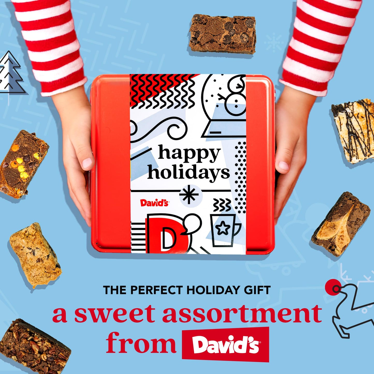 Davids Cookies Happy Holidays Assorted Brownies Tin Gift Basket 20pcs - Delicious, Fresh Baked Brownie Snacks - Gourmet Pure Cho