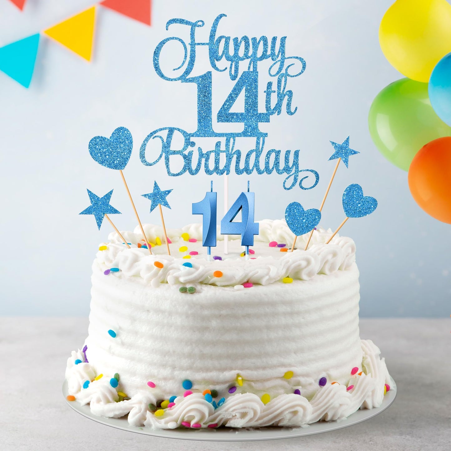Lecferrarc 14th Birthday Cake Decorations Set, Glitter Happy 14th Cake Toppers and Candles, Blue, Paper