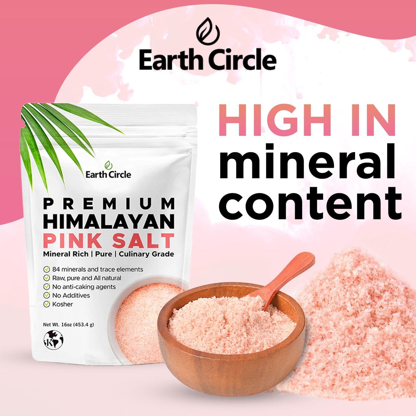 Earth Circle Premium Himalayan Pink Salt, Culinary Grade, 16 Ounce (Pack of 3)