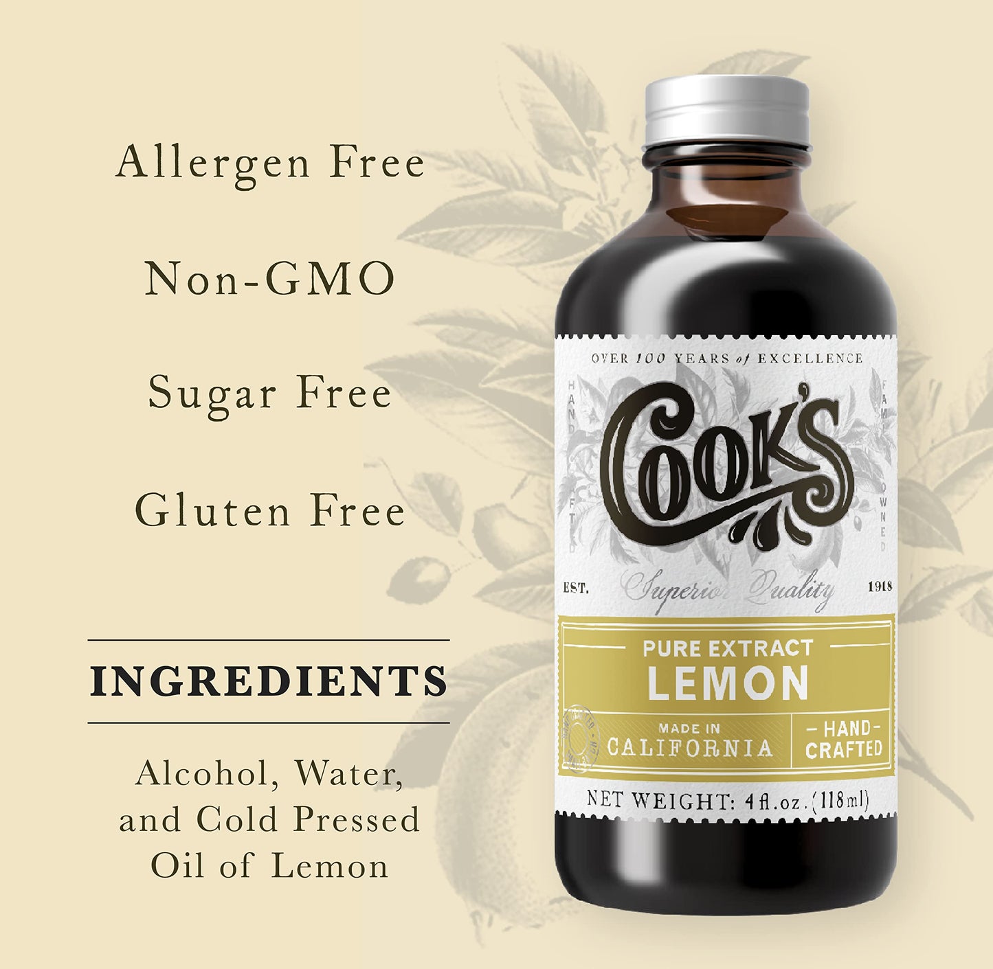COOKS Pure Lemon Extract, Cold Pressed, Sugar Free, Gluten Free, 16 Fl Oz