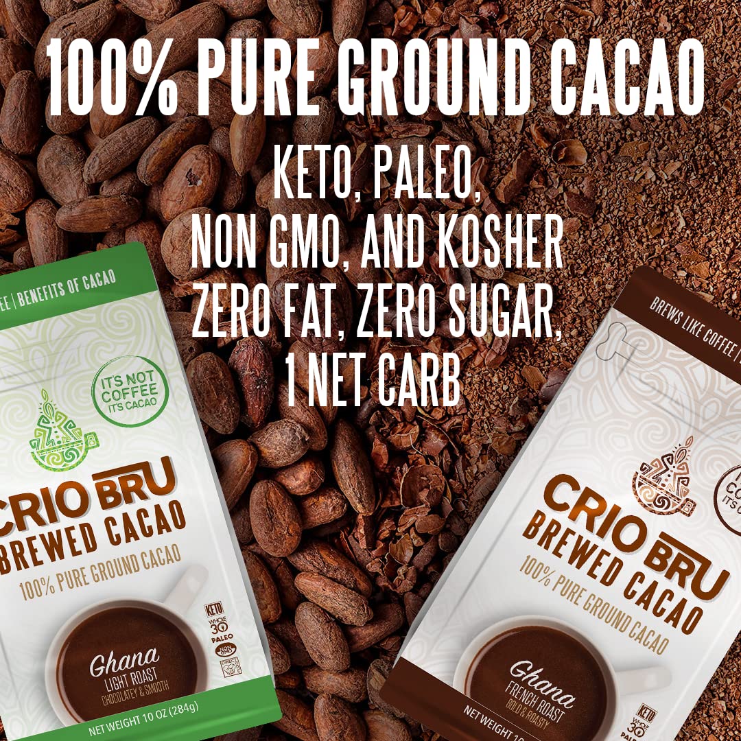 Crio Bru Ghana French Roast 10 oz Bag | Natural Healthy Brewed Cacao Drink | Great Substitute to Herbal Tea and Coffee | 99% Caffeine Free Gluten Free Low Calorie Honest Energy Brew And Enjoy Hot or Iced