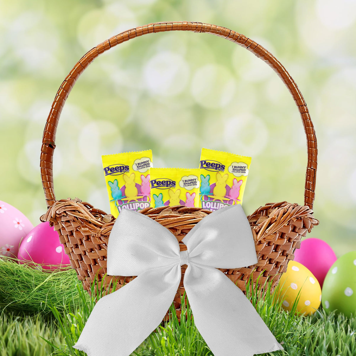 Easter Basket And Egg Hunt Candy, 2025 Peeps Lollipop Rings, Individually Wrapped Marshmallow Flavored Suckers, (6 Pack)