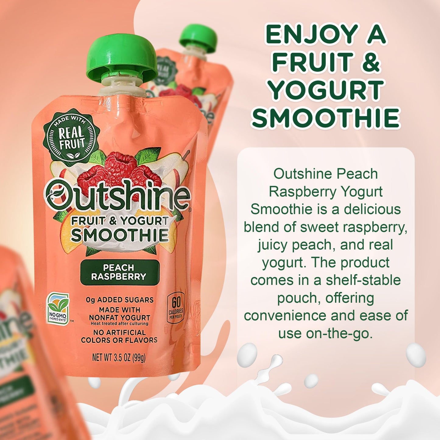 Outshine Smoothie Peach Raspberry Yogurt Pouches - Ready-to-Drink, 24 Count, 5.25 lb, Tan
