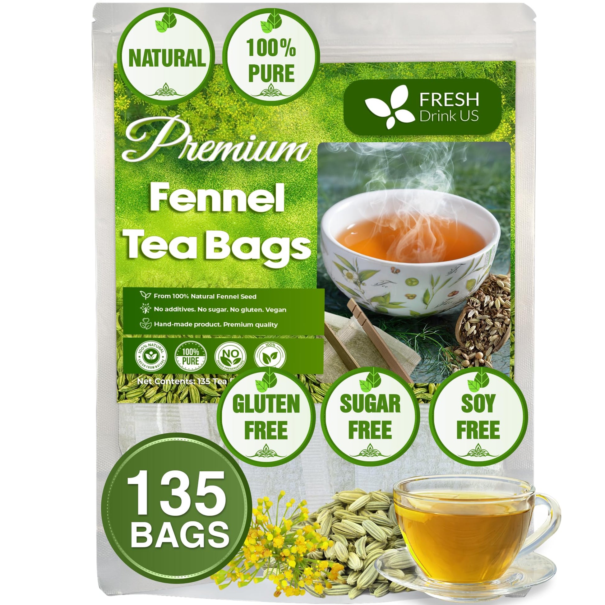 FRESHDRINKUS Fennel Tea Bags, 100% Natural, No Sugar, No Caffeine, Vegan, 135 Tea Bags