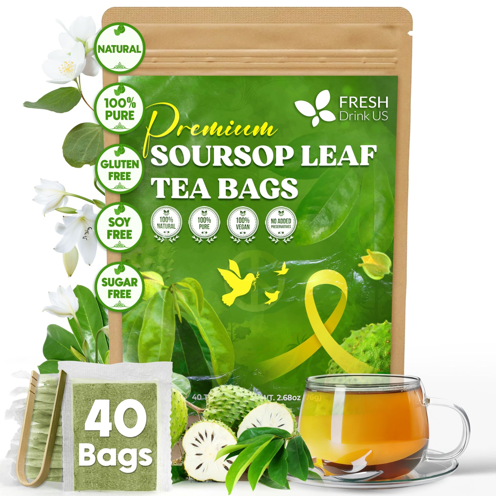 FRESHDRINKUS Soursop Graviola Leaf Tea Bags, 100% Natural, Handmade, 40 Bags, Caffeine/Sugar/Gluten Free