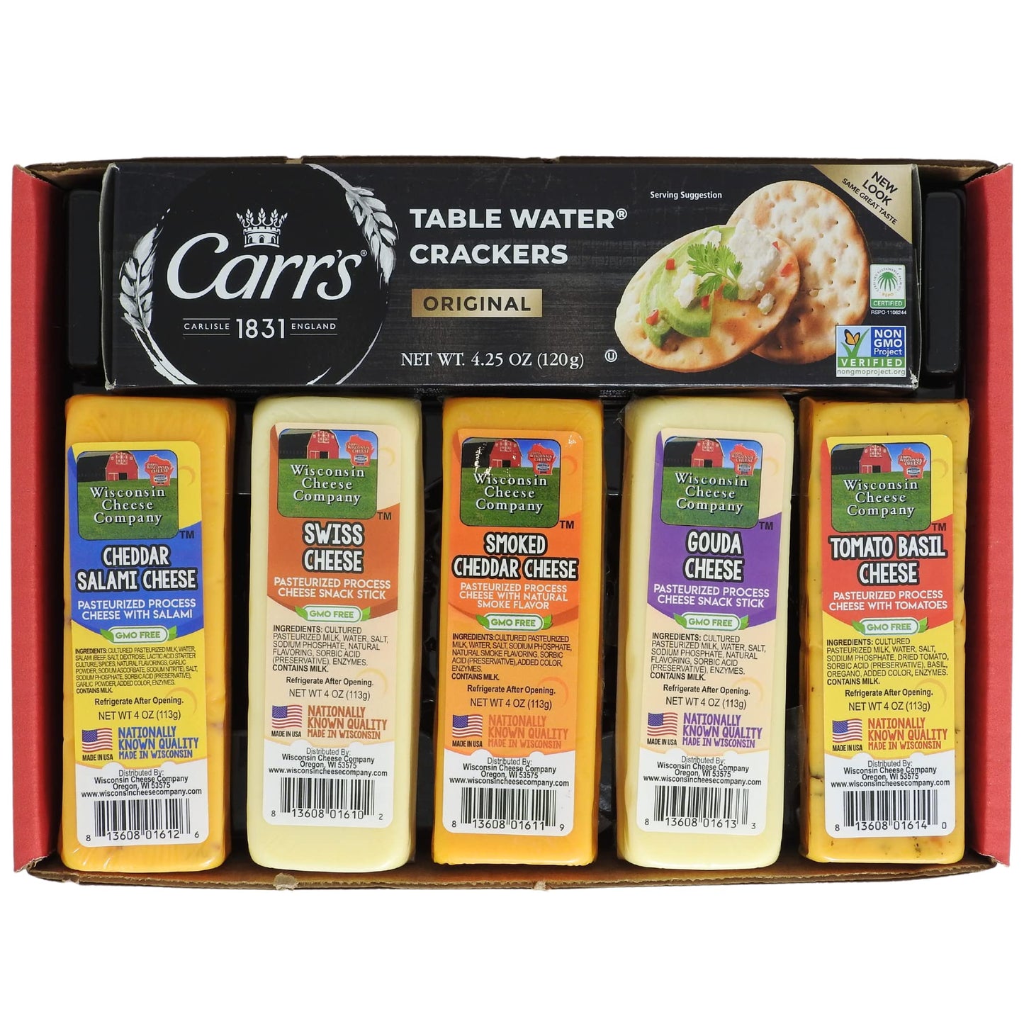 Wisconsin Cheese Company Specialty Cheese & Cracker Gift Box - 100% Gouda, Smoked Cheddar, Salami, Tomato Basil Cheddar, Swiss - 6 Piece Set
