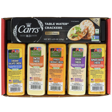 Wisconsin Cheese Company Specialty Cheese & Cracker Gift Box - 100% Gouda, Smoked Cheddar, Salami, Tomato Basil Cheddar, Swiss - 6 Piece Set