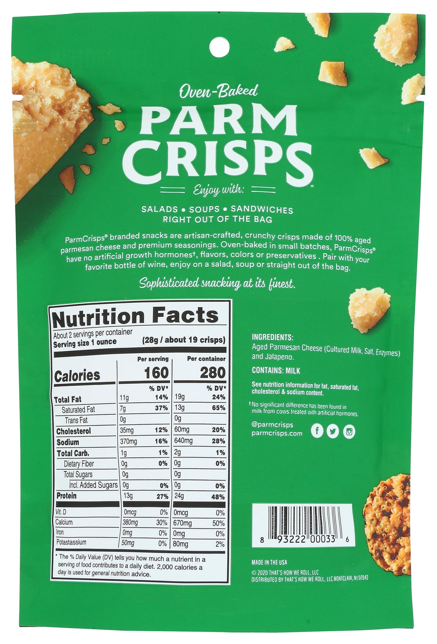 Parmcrisps Jalapeno Cheese Crisps, 1.75 Ounce Bag, Gluten-Free, Low-Carb Snack