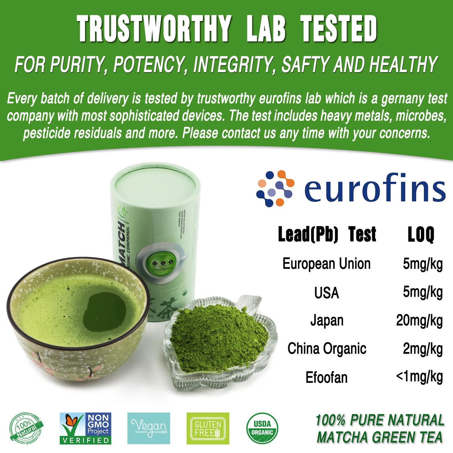 Efoofan Ceremonial Grade Matcha Green Tea Powder- (113G/4Oz) - Usda/Jas/Ec Certified Organic Matcha Lette, Pure Natural And Unsweetened, Chinese Enhanced Macha