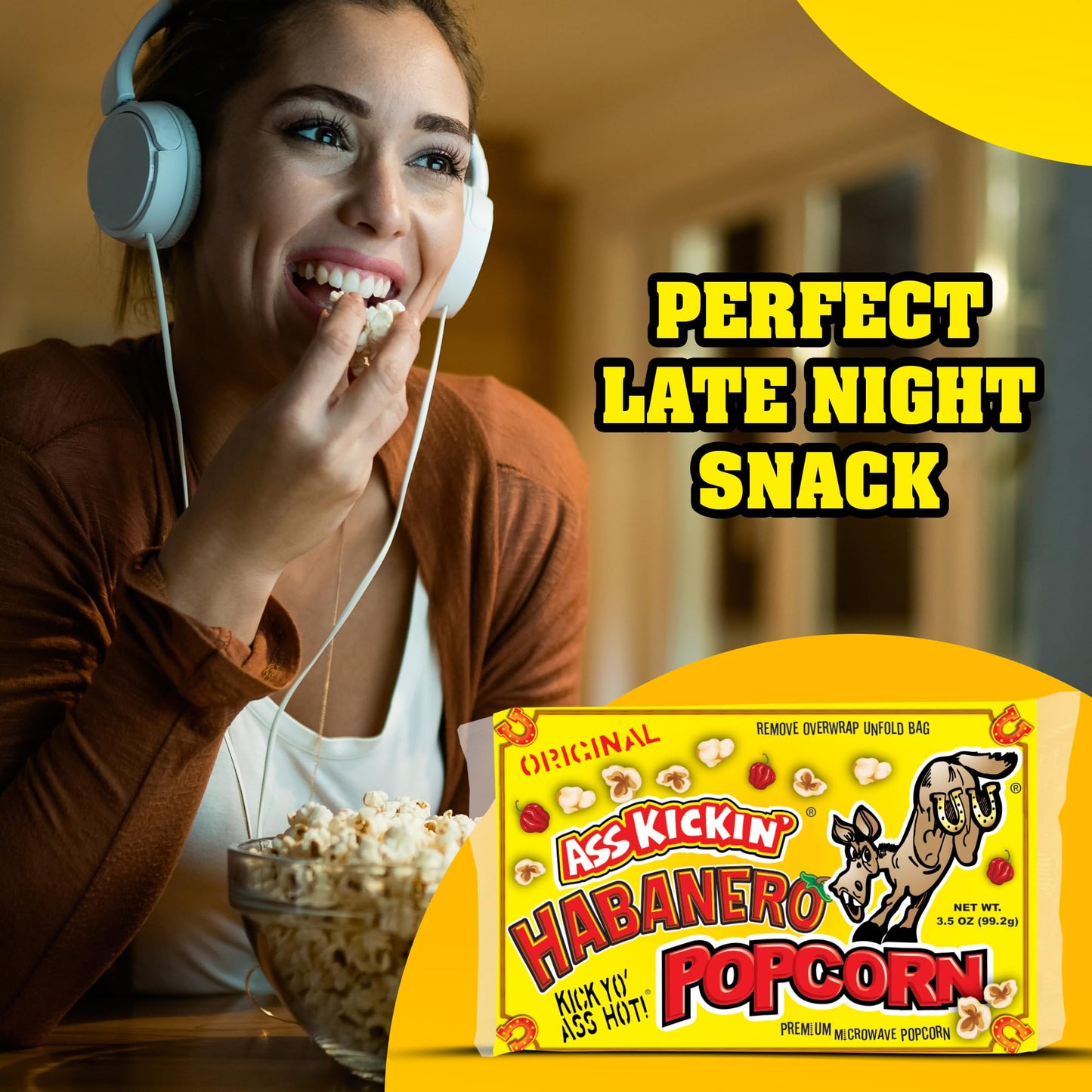 ASS KICKIN Habanero Microwave Popcorn - 3 Pack - 3.5 Ounce Bags - Spicy Snack for Movie Night