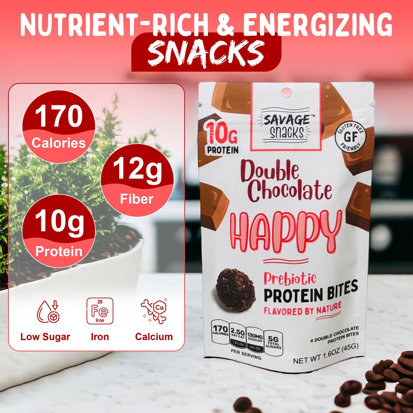 Savage Snacks Happy Double Chocolate Whole Food Prebiotic 10G Protein Balls & Bites - Convenient On-The-Go Tasty Protein Snacks - High-Protein, Gluten-Free, Grain-Free & Flavored By Nature