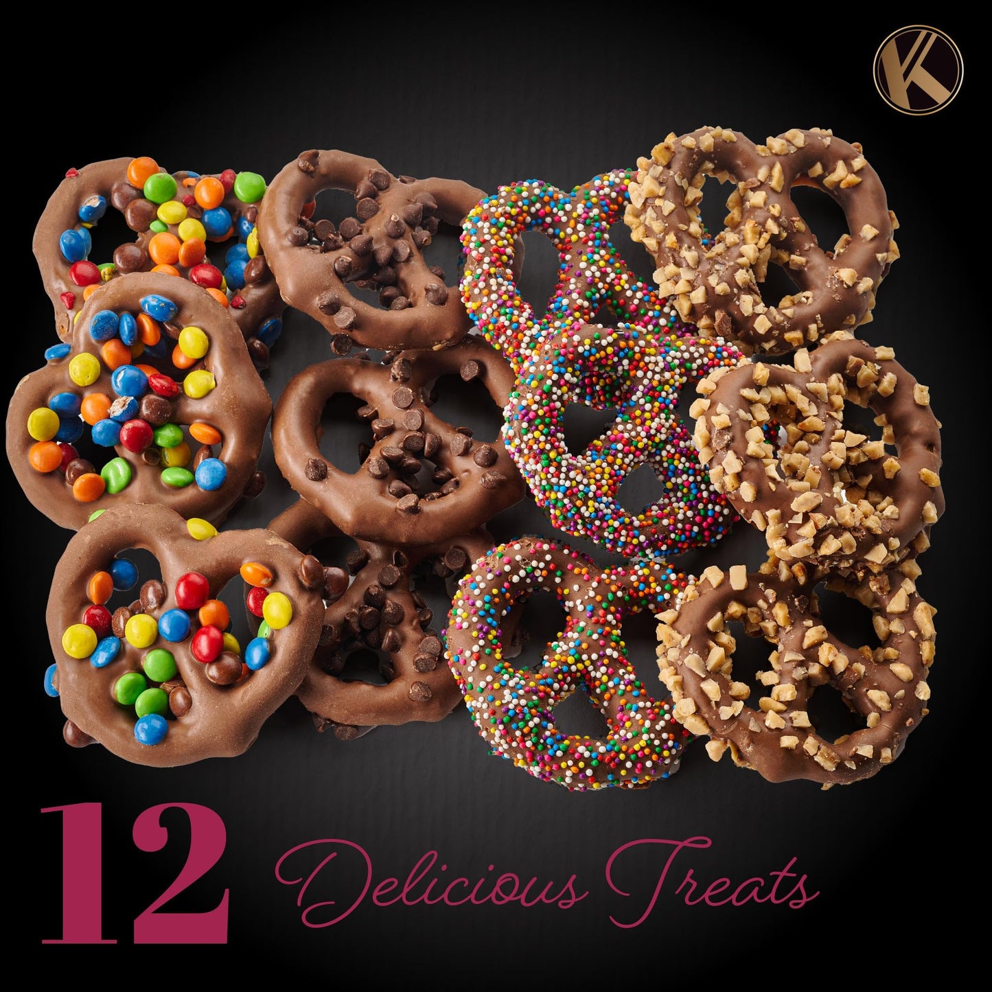 Nut Cravings KREMERY Creamy Chocolate Covered Pretzel Twists Gift Basket, 12 Piece Set, Assorted Sweet Toppings, Brown Gift Box