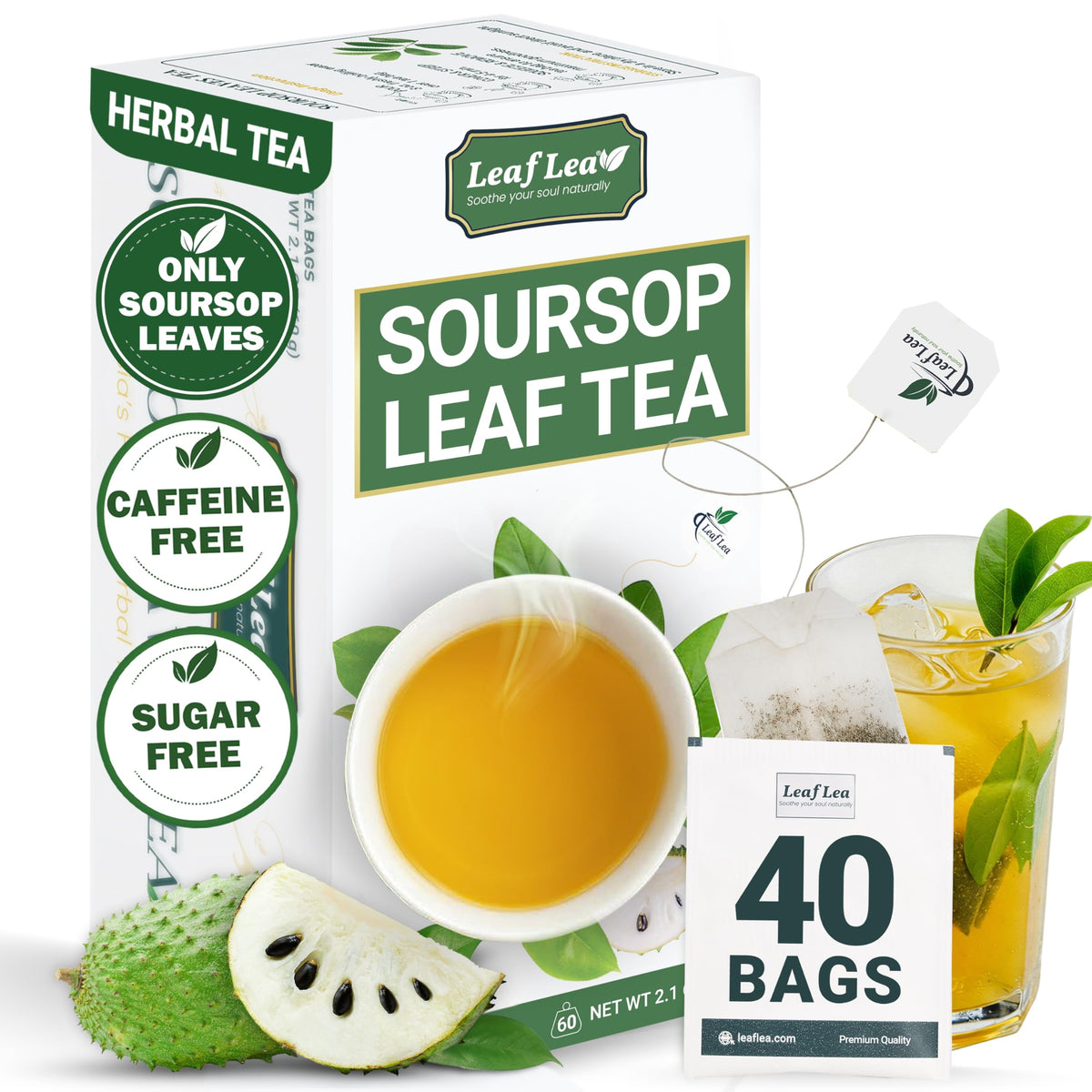 LeafLea Soursop Leaf Tea Bags - Natural Digestive Support, Caffeine-Free, 40 Bags