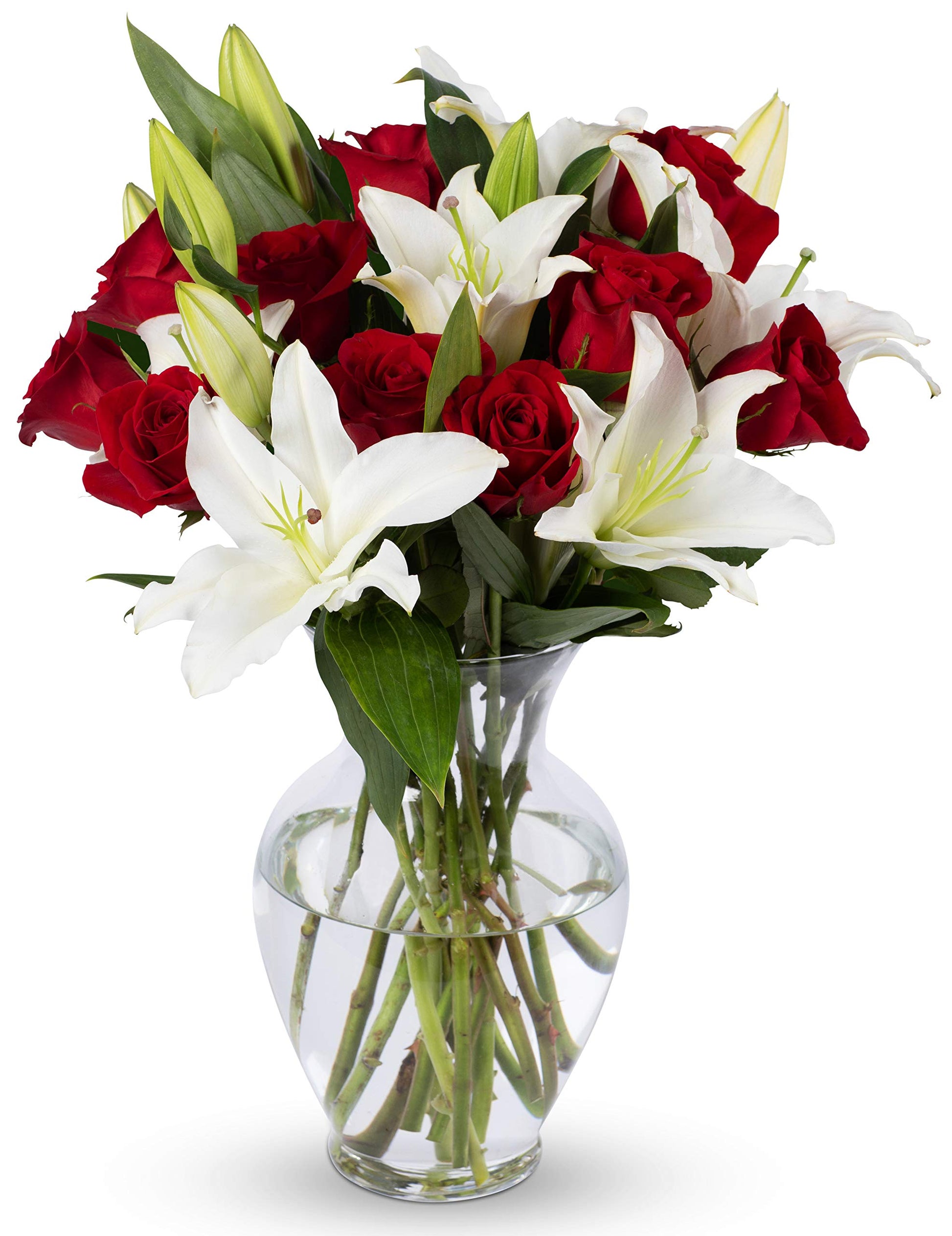 Benchmark Bouquets, Red Roses & Lilies, Glass Vase Included, Gift Fresh Flowers for Birthday, Anniversary, Get Well, Sympathy, C