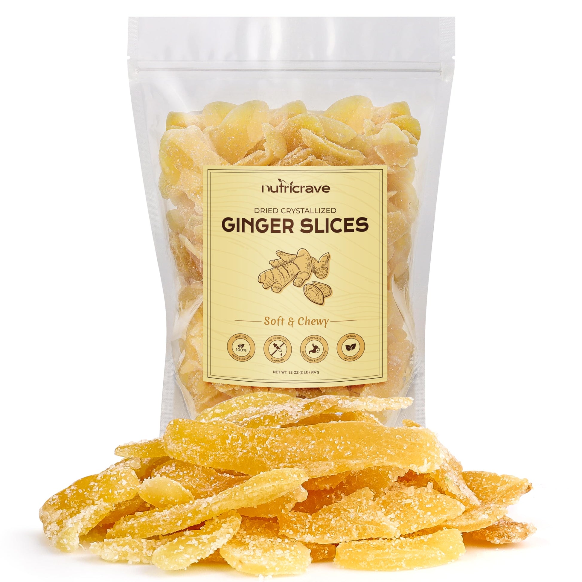 Crystallized Ginger Slices - Candied Ginger Snack for Baking & Digestive Support - Vegan, Non-GMO, Resealable 2lb Bag