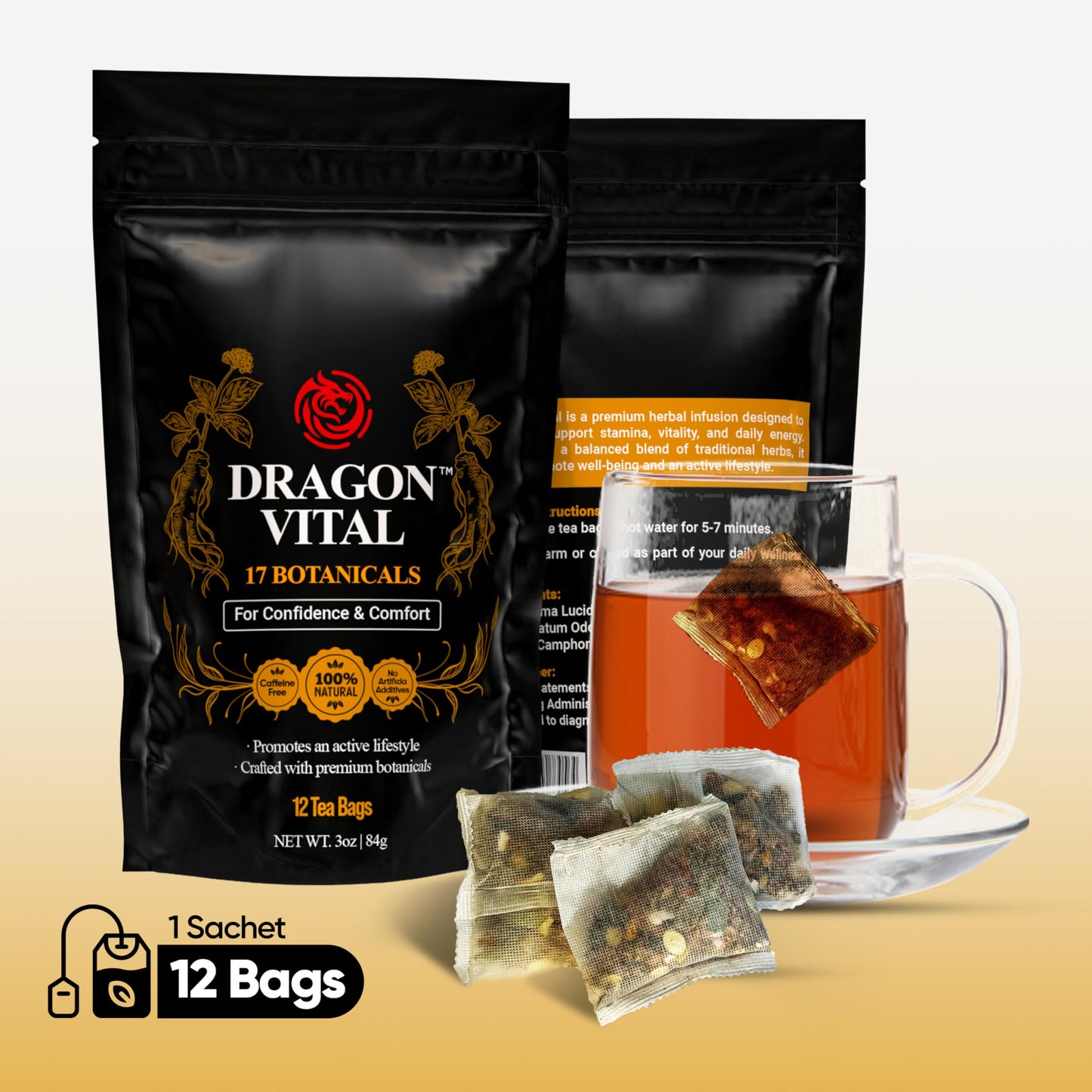Dragon Vital Herbal Tea with Ginseng & Maca - Natural Energy Support | Caffeine-Free Botanical Blend for Vitality & Active Living | All natural - NON-GMO & No Preservatives |12 Tea Bags | by Robutop