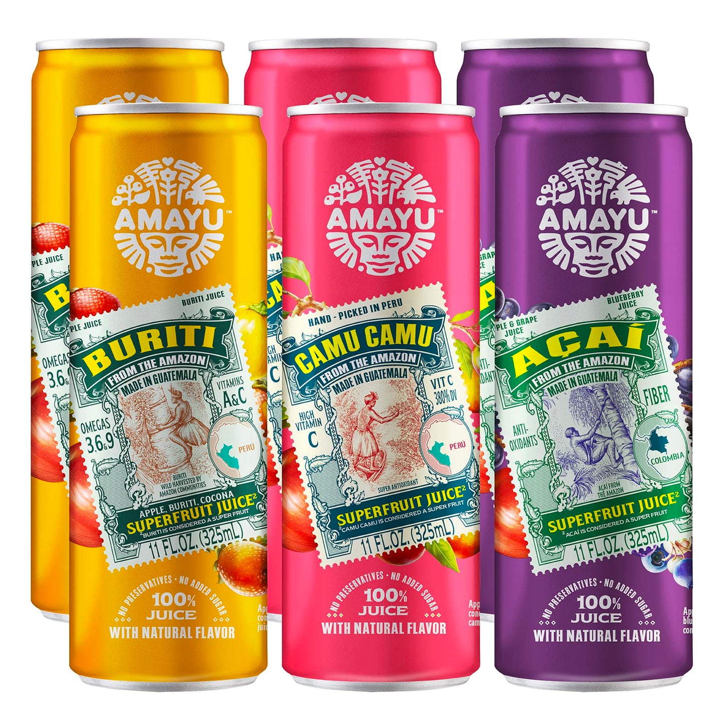 Amayu Exotic Super Fruit Juice | Variety Pack (Acai  Buriti  Camu Camu) | 100% Organic Juice From The Online Marketplace | No Sugar Added | Immune Support And Juice Cleanse | All-Natural Omega 3 | 11Oz (6-Pack)