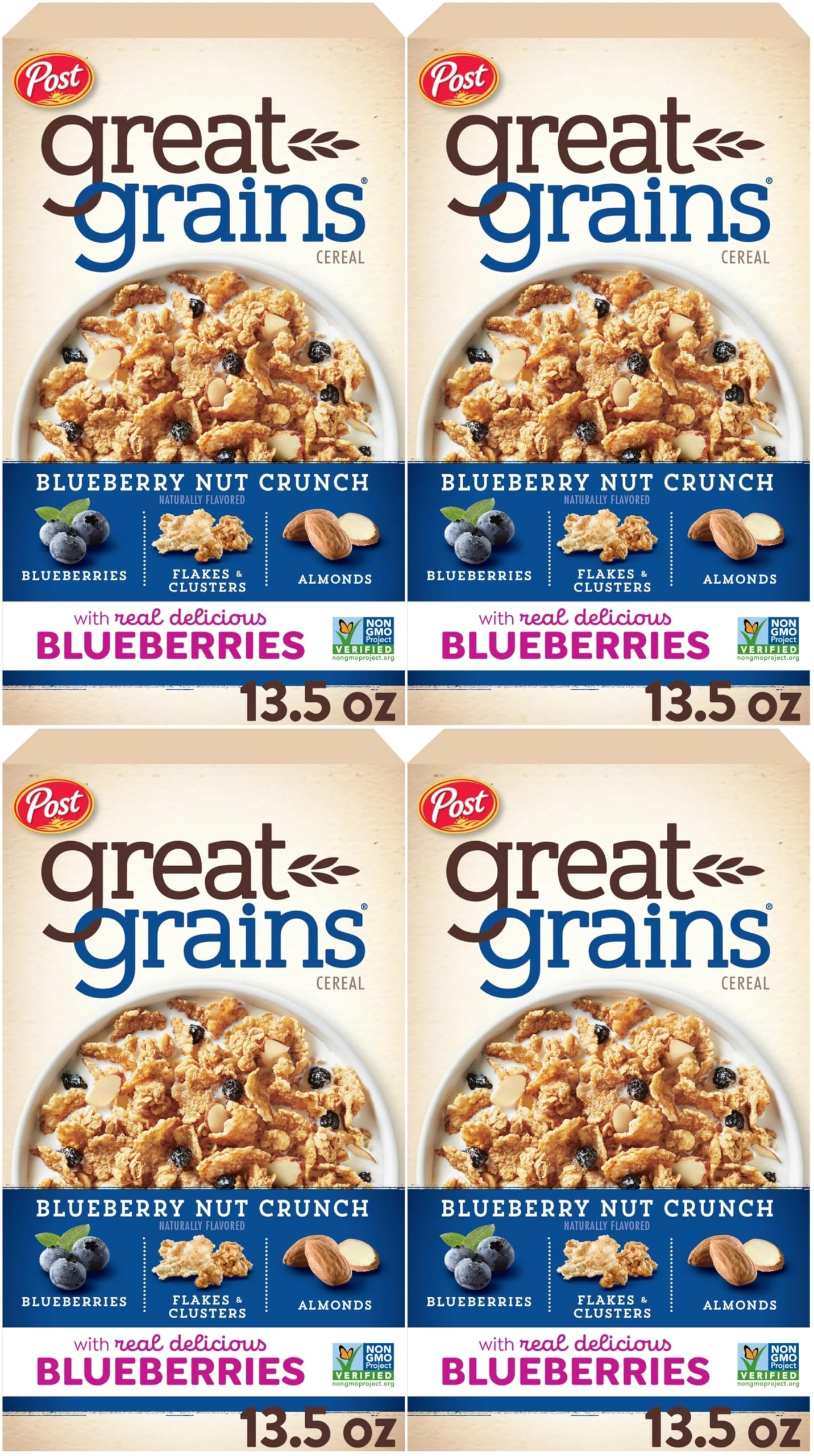 Post Great Grains Blueberry Morning Breakfast Cereal, Non Gmo Project Verified, Heart Healthy, Low Fat, Whole Grain Cereal 13.5 Ounce (Pack Of 4)