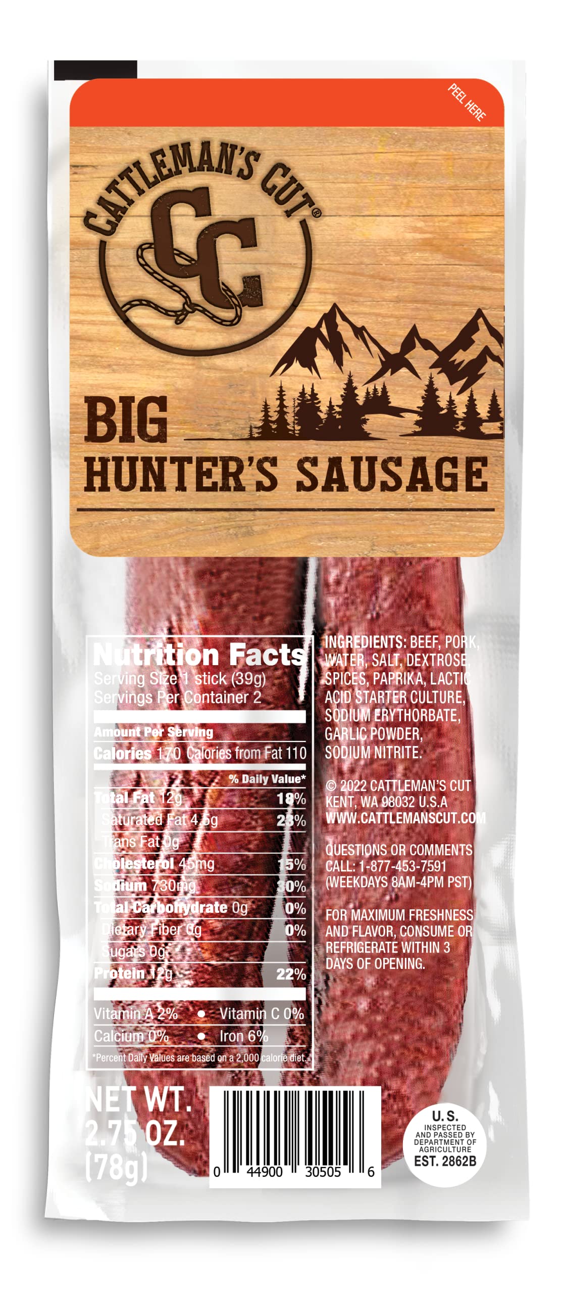 CATTLEMANS CUT Big Hunters Sausage, 2.75 Ounce, Pack of 6